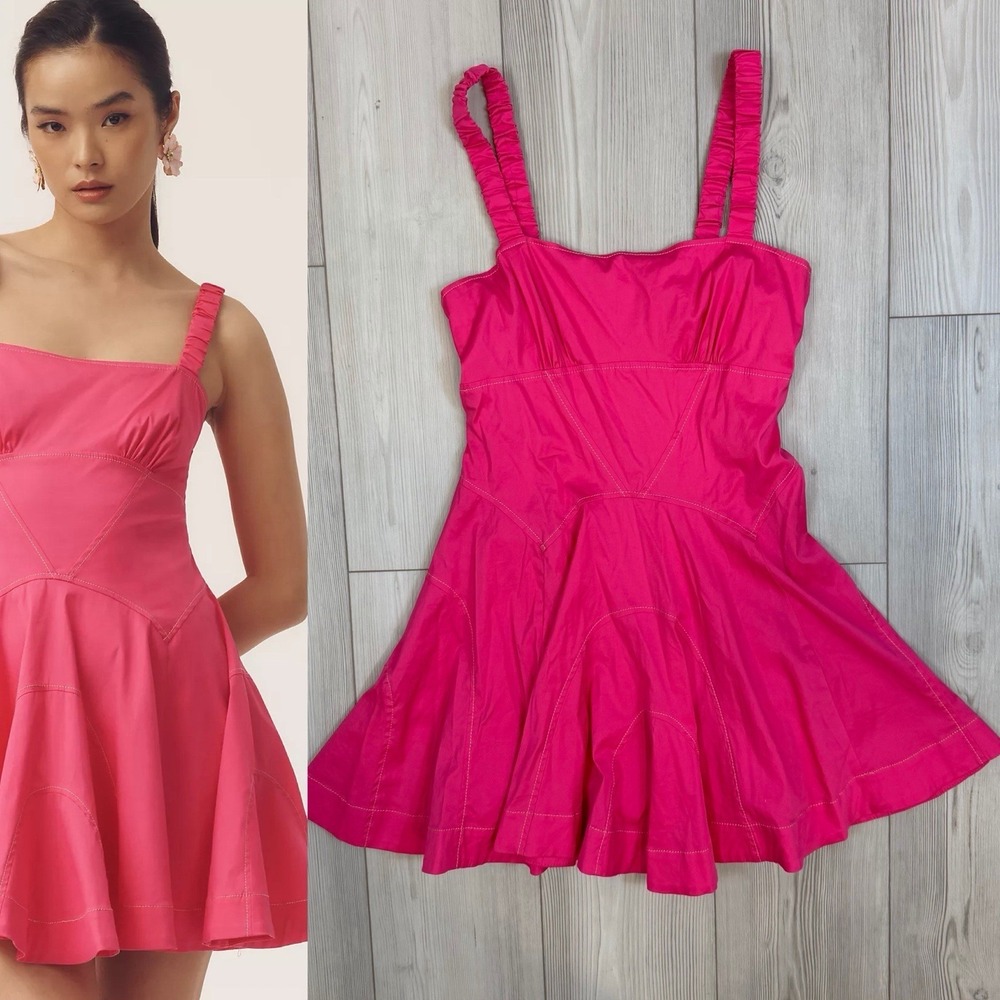 By Anthropologie Sleeveless Plunge Drop-Waist A-Line Mini Dress Pink Small $158 - Picture 1 of 15